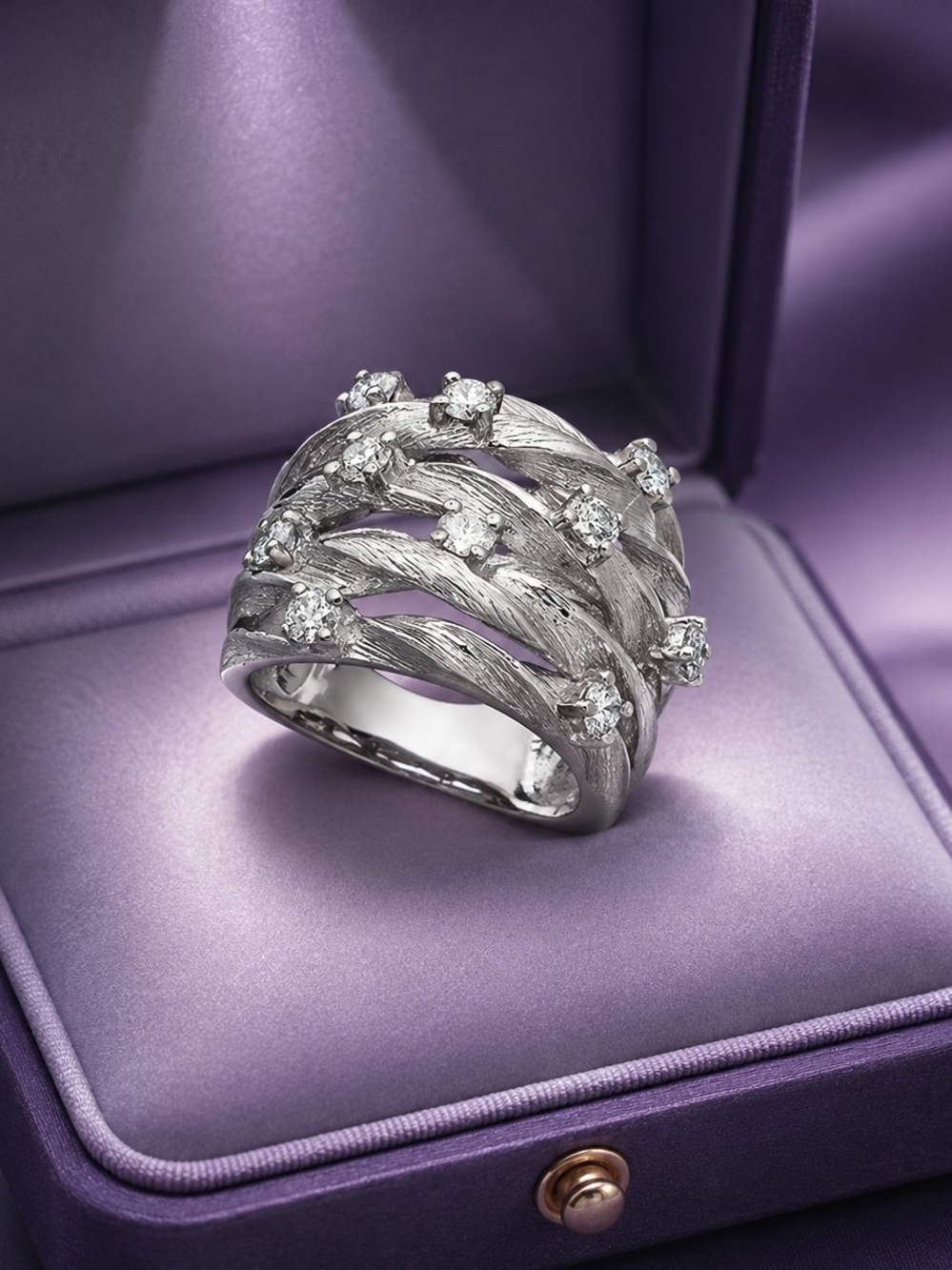 Textured Silver Multi-Row Crystal Ring - Picture 6 of 7